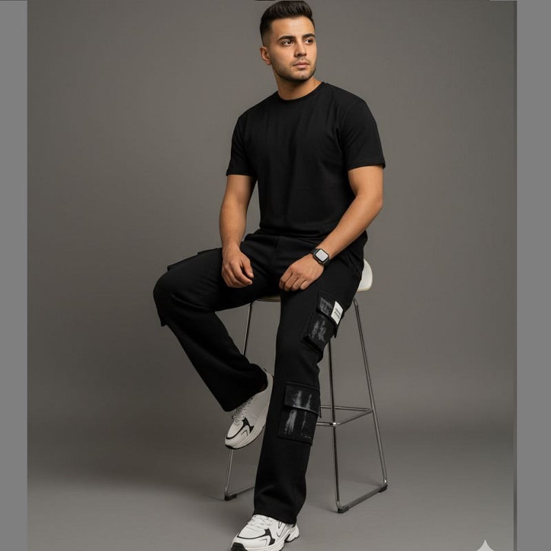 شلوار کارگو شش جیب پایین زیپ مدل sami-مشکی