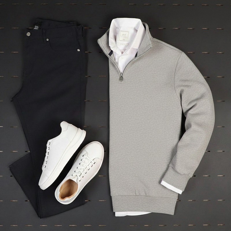 پکیج دورس مردانه نیم زیپ مدل Behbod-طوسی  پیراهن مردانه سفید VQویژه